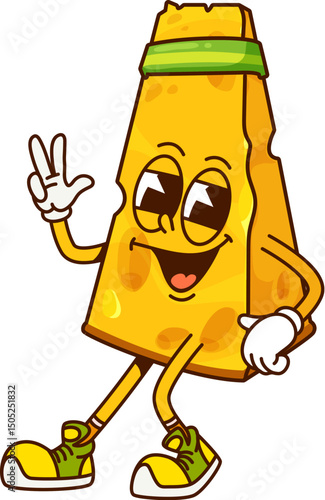 Cheese groovy funny character doing fitness. Emmental hard cheese chunk 60s 70s groovy happy character, edam piece vintage funky vector cute mascot. Parmesan wedge retro personage wearing headband
