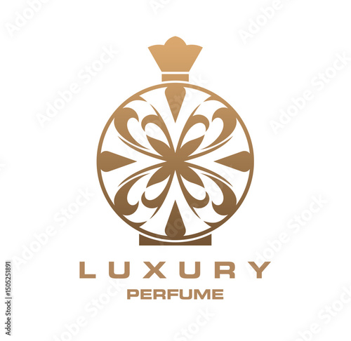 Luxury perfume icon of fragrance golden bottle for perfumery store, vector emblem. Perfume bottle with creative golden flower or ornate floral ornament for premium perfumery brand or luxury boutique