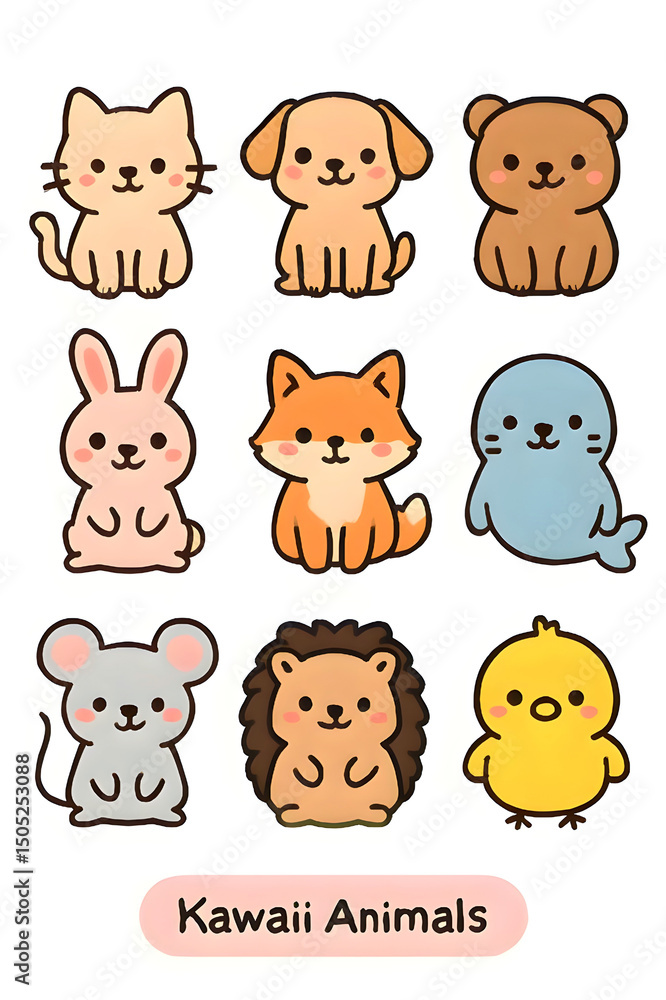 Kawaii animals. Cartoon icon set. Flat design style, pastel colors. Isolated on white background. Kawaii animals. Cartoon icon set. Flat design style, pastel colors. Isolated on white background.