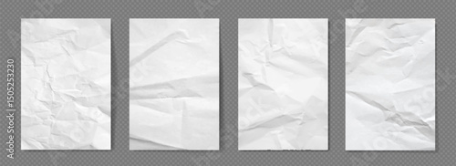 Paper sheets with wrinkles. Set of empty white pages with crumpled effect. Design mockup of blank sheet with crease realistic vector
