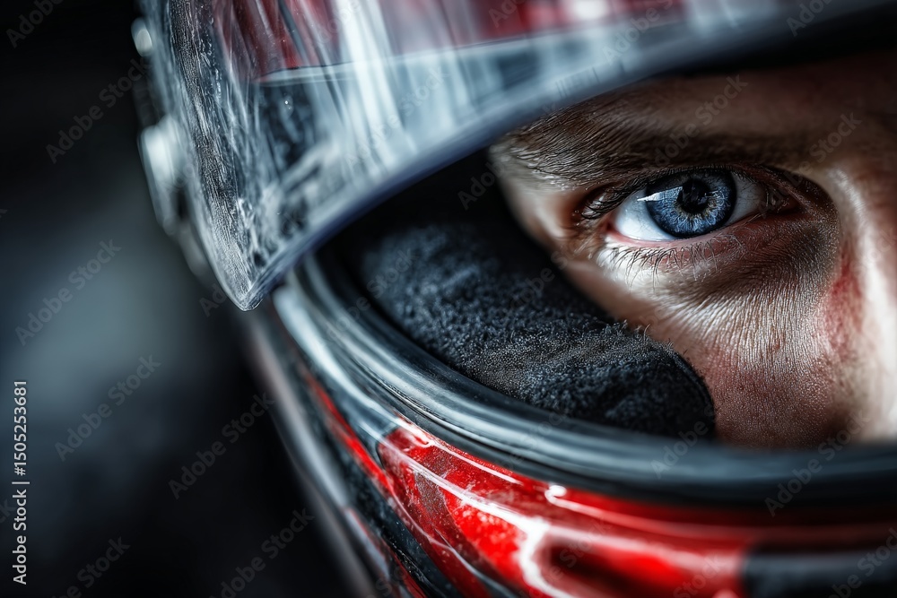 Intense close-up of a race car driver focusing before the competition starts on the racetrack Intense close-up of a race car driver focusing before the competition starts on the racetrack