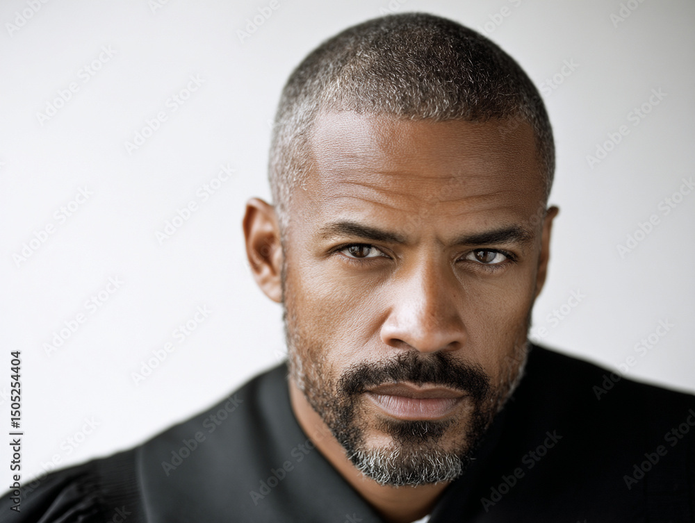 Fototapeta premium male judge in robe with serious expression, headshot, white background