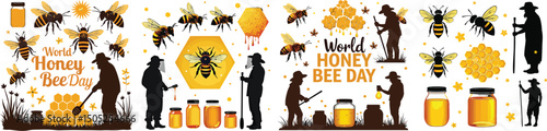 World Honey Bee Day Vector Illustration Set with Beekeepers, Bees, Honeycombs, and Jars