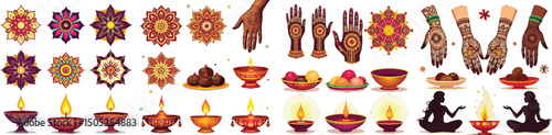 Set of henna patterns, bangles, sweets, and festive lamp silhouettes – Hariyali Teej Hindu festival vector collection isolated on white background.