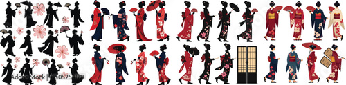 Set of kimonos, cherry blossom fans, parasols, and folding screens silhouettes – Kyoto Gion Cultural Parade July event vector collection isolated on white background.