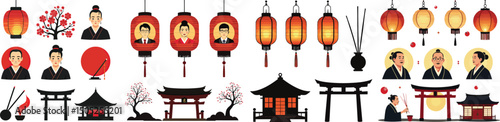 Set of lit lanterns, ancestor portraits, incense sticks, and shrine silhouettes – Obon Festival early celebrations Japan symbol vector collection isolated on white background.