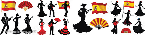 Set of flamenco dancer, guitar, Spanish flag, and fan silhouettes – Festival Internacional del Cante de las Minas Spain cultural event vector collection isolated on white background.