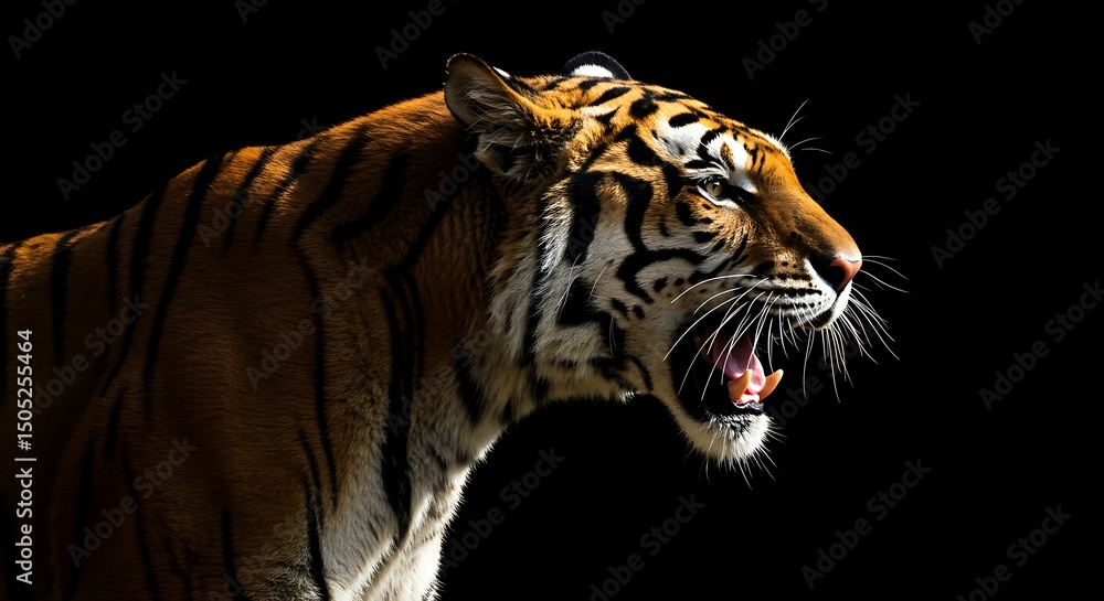 Fototapeta premium Dramatic Profile of a Roaring Tiger: A magnificent tiger captured in a powerful profile, roaring fiercely with its mouth agape, revealing sharp fangs.