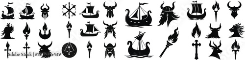Set of Viking ship, horned helmet, torch, and Norse symbols silhouettes – Iceland Viking Festival July event symbol vector collection isolated on white background.