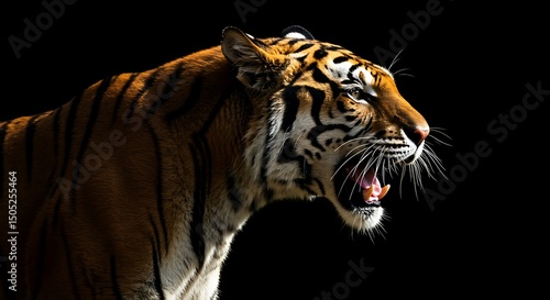 Dramatic Profile of a Roaring Tiger: A magnificent tiger captured in a powerful profile, roaring fiercely with its mouth agape, revealing sharp fangs.