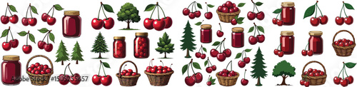 Set of 50 Cherry Fruit, Jam Jar, and Tree Vector Illustrations