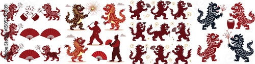 Set of lion dancers, drums, firecrackers, and traditional fans silhouettes – Chinese Ghost Festival early observance vector collection isolated on white background.