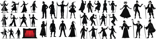 Set of street performers, masks, stilts, and theater stage silhouettes – Sibiu International Theatre Festival Romania vector collection isolated on white background.