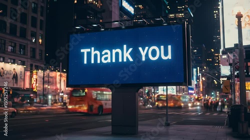 Displaying Thank You on Large Billboard in Urban City Time-Lapse Night