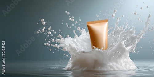A tube of cream is floating in a splash of milk. The splash is large and the cream is floating on top of it