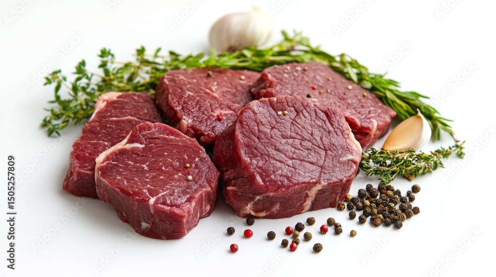 A set of raw steak cuts with seasoning ingredients like garlic, thyme, and peppercorns A set of raw steak cuts with seasoning ingredients like garlic, thyme, and peppercorns