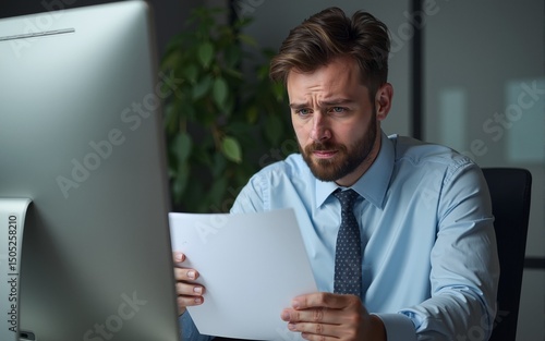 Worried businessman reading problematic email on computer at corporate office. High quality