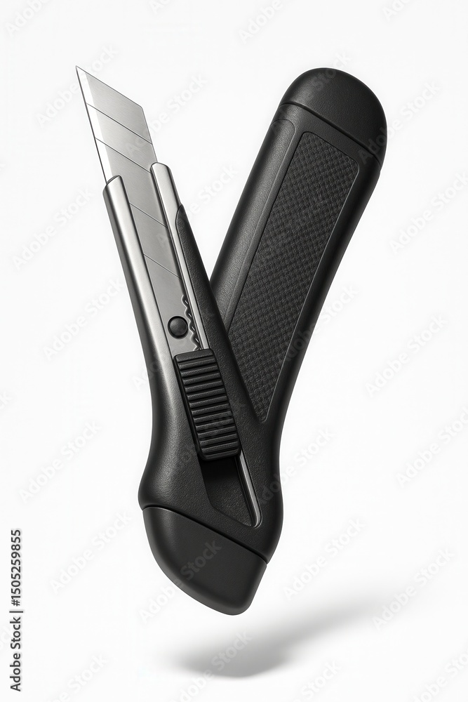 Obraz premium Black utility knife with a retractable stainless steel blade and textured grip handle on transparent background.