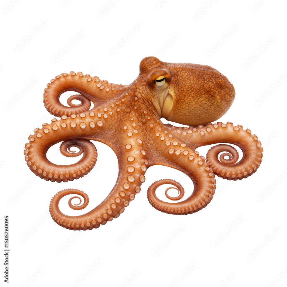 Obraz premium Detailed, high-resolution image of a brown octopus, with its tentacles curved and resting on a black backdrop. The focus is on the creature's texture and features.