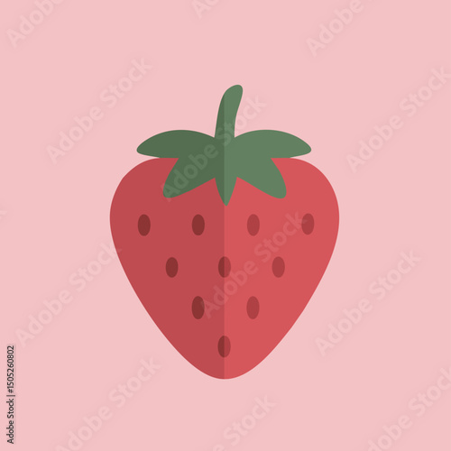 A cute vector strawberry graphic with green leaves, on a pink background, ideal for food designs.