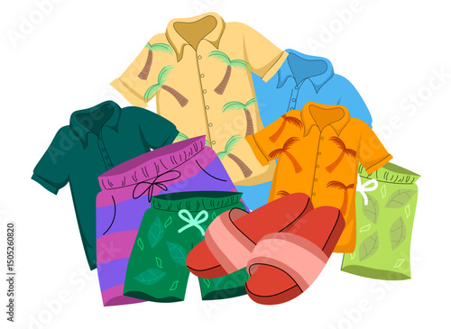 Summer clothing with t-shirt, beach shorts, sneakers. Tourists apparel, travel garments with tshirt. Holiday outfit, wearing for summertime. Flat vector illustration isolated on white background