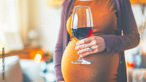 Pregnant woman holding glass of red wine in cozy indoor setting with warm lighting ambiance