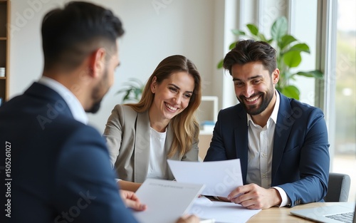 Happy couple reading terms of  agreement during  meeting with bank manager in office. High quality