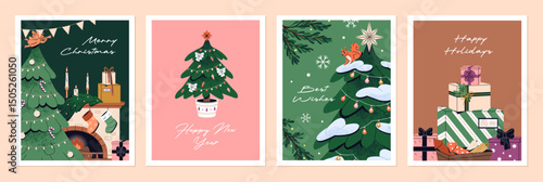 Set of Christmas greeting card designs. Templates of Xmas postcards with decorated fir trees, gifts. Layouts with congratulations with New Year. Winter holiday celebration. Flat vector illustrations