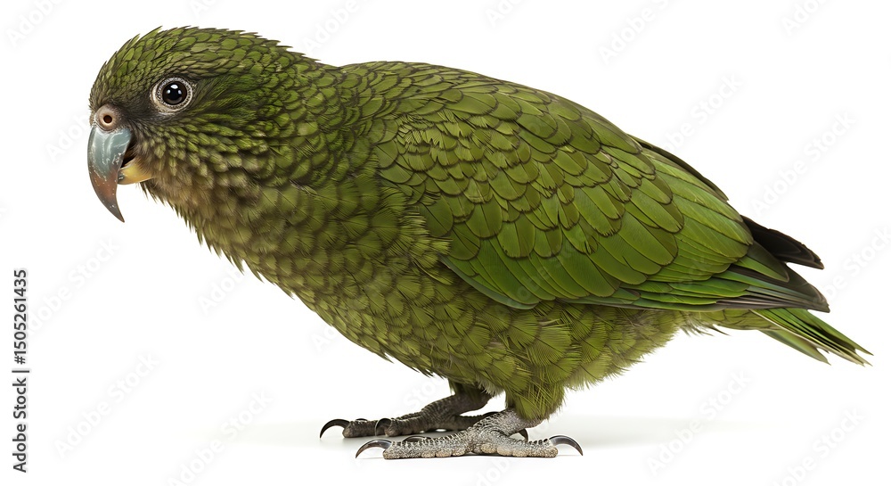 Fototapeta premium Critically endangered Kākāpō (Strigops habroptilus), New Zealand's iconic flightless parrot, stands in profile, showcasing its distinctive mossy-green, softly-barred plumage, owl-like facial disc, and