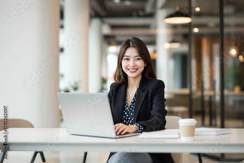 Professional asian woman working on laptop in stylish office, modern photo style, blurred creative background, concept of productivity and success, Ai generative