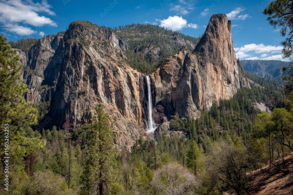 Fototapeta premium Waterfall cascades down rocky cliffs in a stunning mountain landscape under a blue sky with scattered clouds