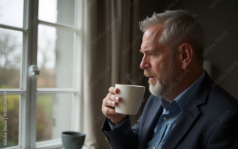 Distraught man with cup of tea by window at home. High quality Distraught man with cup of tea by window at home. High quality