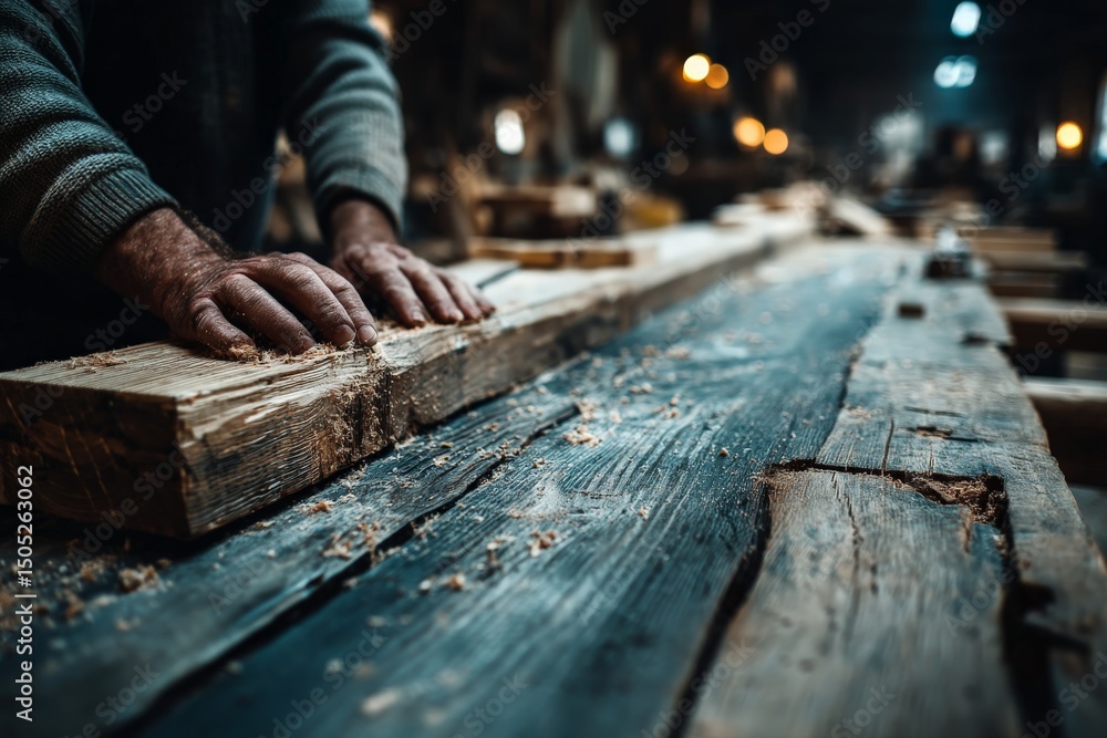 Craftsman shaping wood in a workshop with warm lighting during late afternoon hours Craftsman shaping wood in a workshop with warm lighting during late afternoon hours