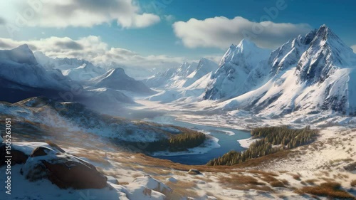 Wallpaper Mural A panoramic view of snowy mountains surrounding a calm river under a bright blue sky. Torontodigital.ca