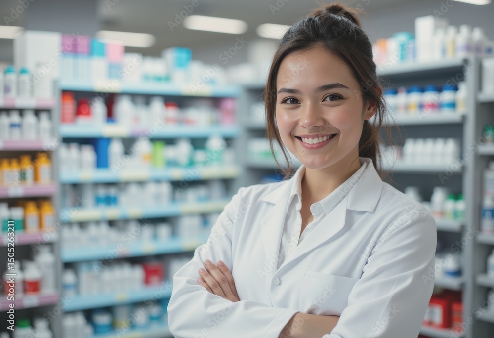Smiling pharmacist in a white coat standing confidently behind the pharmacy counter Smiling pharmacist in a white coat standing confidently behind the pharmacy counter