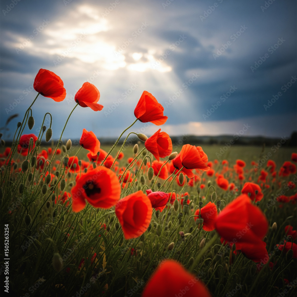 Fototapeta premium Champ de coquelicots sous un ciel orageux