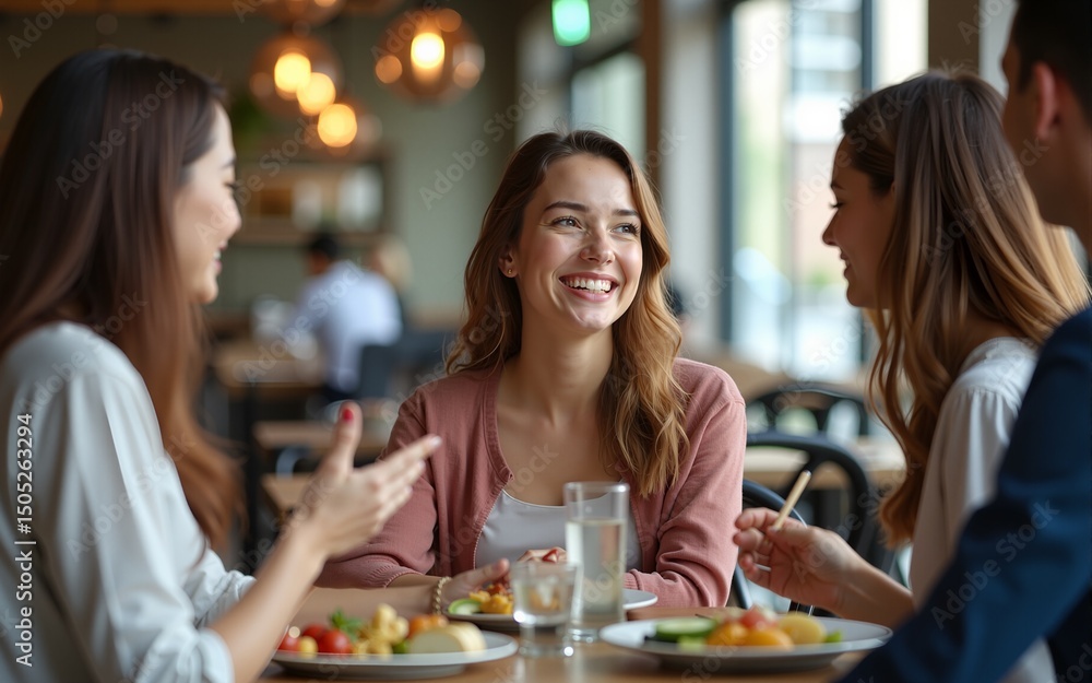 Happy entrepreneur talks to her coworkers during business lunch in restaurant. High quality Happy entrepreneur talks to her coworkers during business lunch in restaurant. High quality