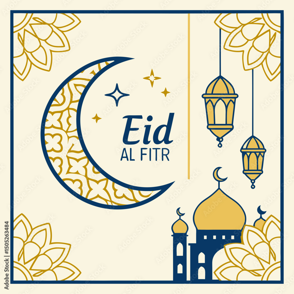Naklejka premium Elegant gold and blue Eid al-Fitr card design celebrating the end of Ramadan, featuring festive Islamic elements in a clean vector illustration style.