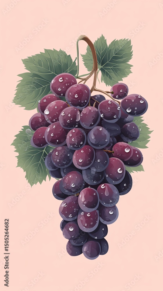 A vibrant bunch of grapes adorned with droplets, showcasing freshness and natural beauty against a soft backdrop. A vibrant bunch of grapes adorned with droplets, showcasing freshness and natural beauty against a soft backdrop.