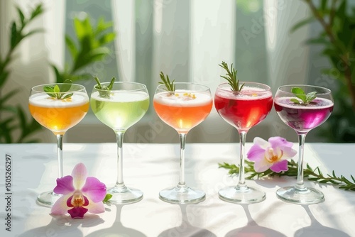 A botanical-inspired still life featuring four crystal cocktail glasses