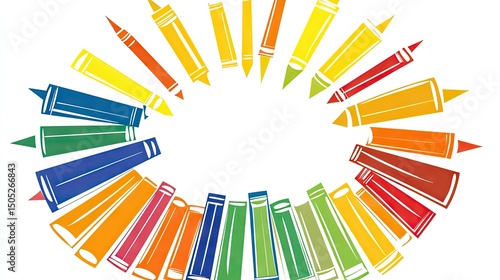 Colorful crayons arranged in a circular pattern.