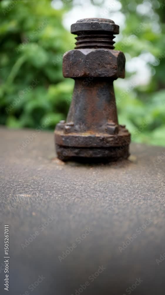Close-up of a rusty metal industrial machinery fitting with nut and bolts on a blurred foliage background conveying wear and decay. Close-up of a rusty metal industrial machinery fitting with nut and bolts on a blurred foliage background conveying wear and decay.