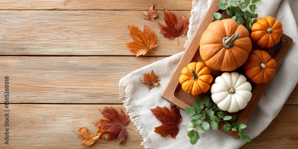 Fototapeta premium A rustic autumn arrangement with pumpkins, leaves, and greenery on a wooden table, evoking a cozy fall atmosphere.