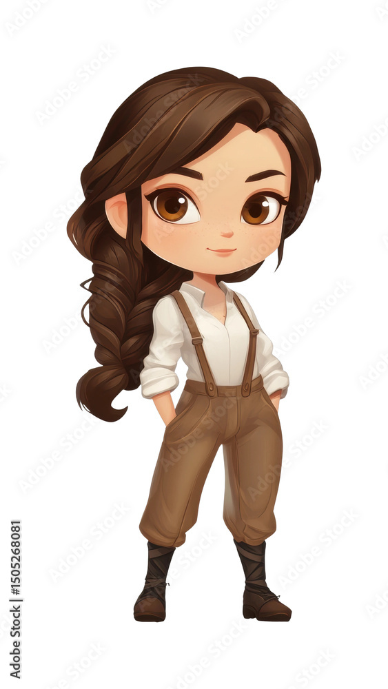 PNG Charming female character in adventure attire with braided hairstyle PNG Charming female character in adventure attire with braided hairstyle