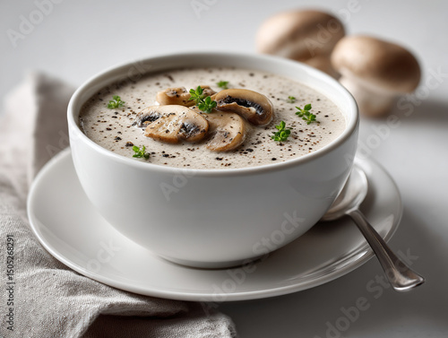 mushroom cream soup in a bowl, white backdrop