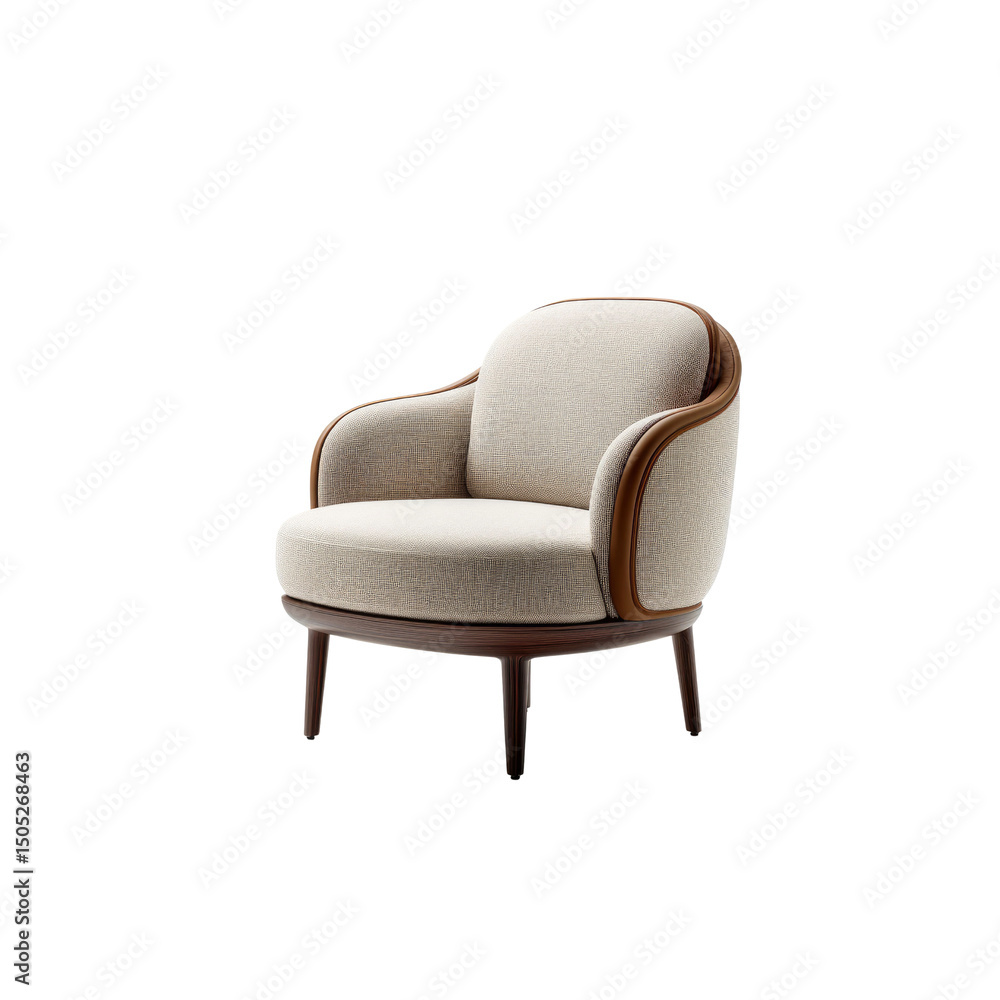 Modern Beige Upholstered Armchair with Dark Wood Legs and Trim Modern Beige Upholstered Armchair with Dark Wood Legs and Trim