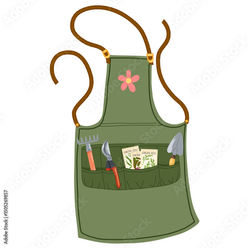 Green gardening apron vector illustration. Classic protective garment with garden tool in pockets. Hand drawn print for stickers, packaging, web icons, textiles, branding