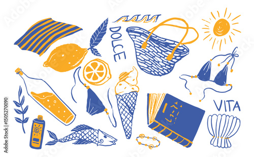 Dolce vita beach summertime hand drawing doodle art with blue ink texture. aesthetics vacation element art	
