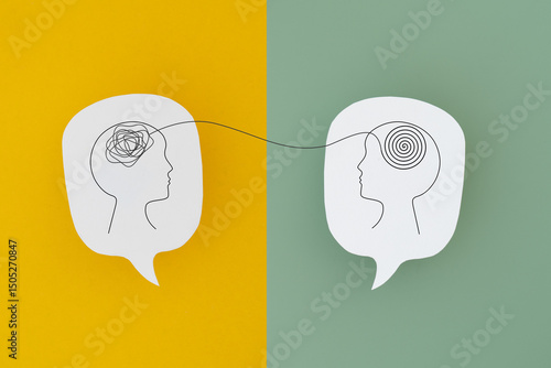 Mental health, brain disorder, World mental health day, Alzheimer, Psychology concept. Human head with Tangle of thoughts and clear line on real speech bubble paper cut on difference color background