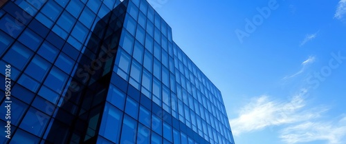 Modern glass office building fragment against blue sky,  development,  graphic